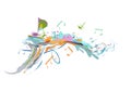 Abstract musical design with a treble clef and colorful splashes, notes and waves. Royalty Free Stock Photo